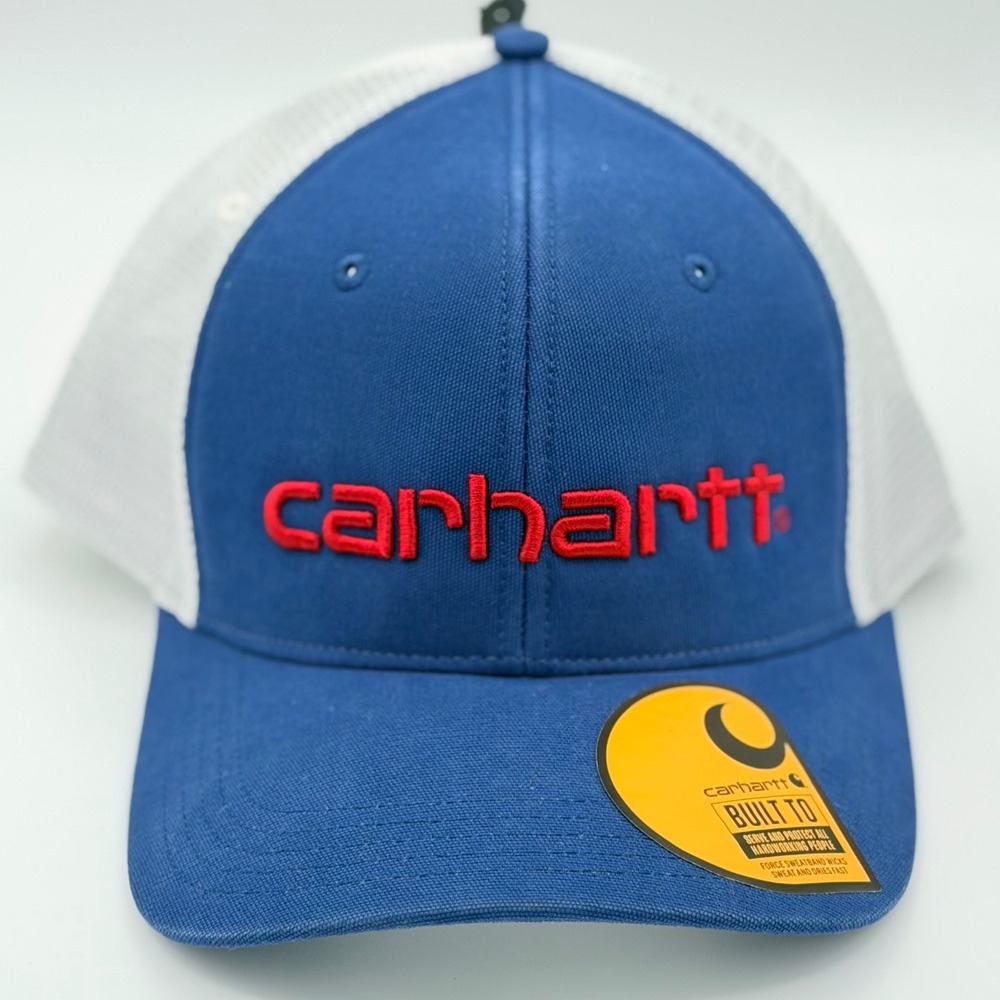 Carhartt Canvas Mesh-Back Logo Graphic Cap Men OS Blue White Workwear Outdoors